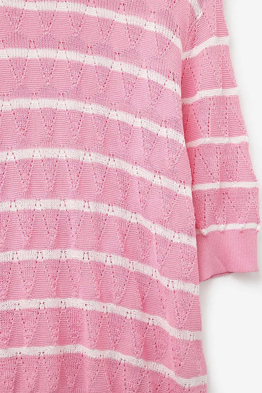 Pink Openwork Knit Top with Short Sleeves and White Stripes - PINK / ONE - Sweaters