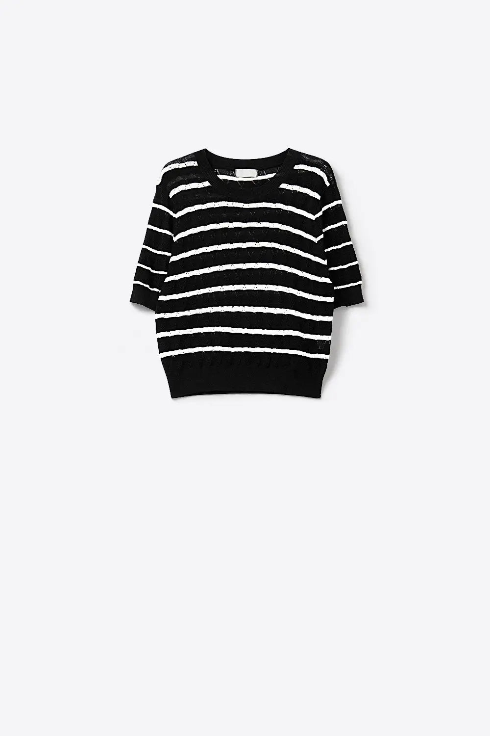 Black Openwork Knit Top with Short Sleeves and White Stripes - BLACK / ONE - Sweaters