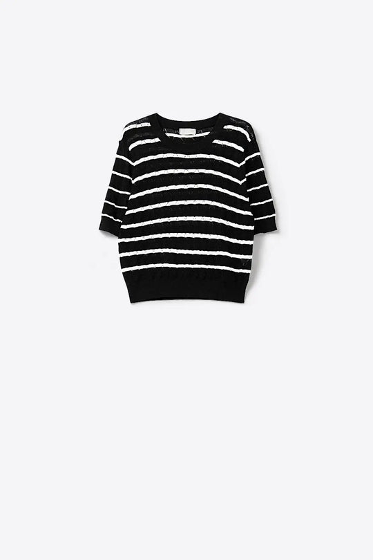 Black Openwork Knit Top with Short Sleeves and White Stripes - BLACK / ONE - Sweaters