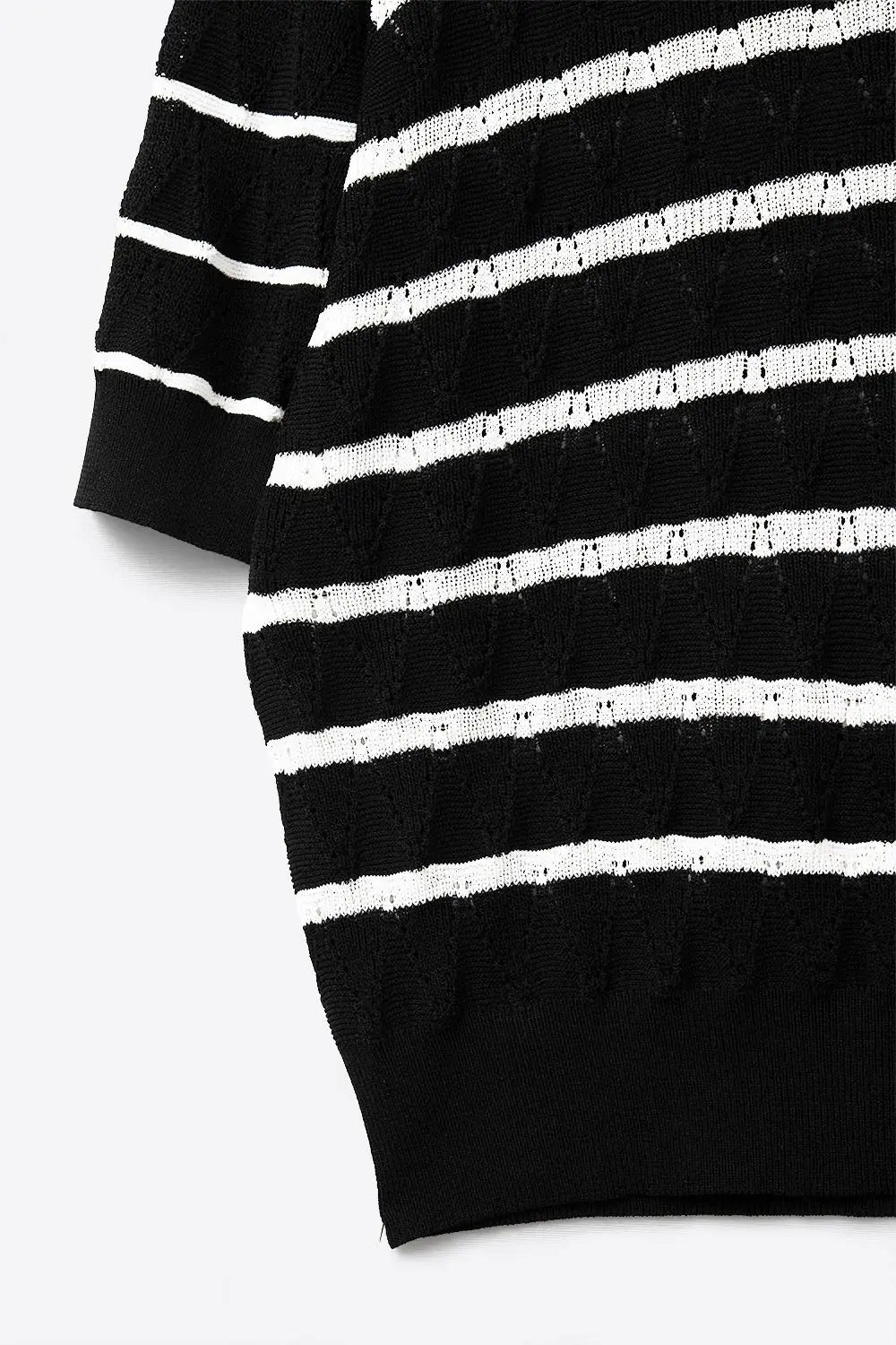 Black Openwork Knit Top with Short Sleeves and White Stripes - BLACK / ONE - Sweaters