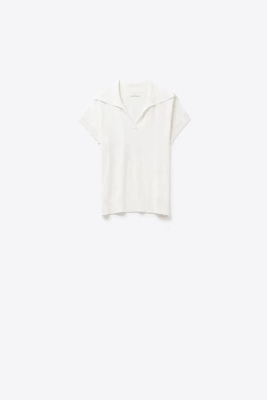 Fine Knit Polo-Style Short Sleeve Top in White - WHITE / ONE - Polos