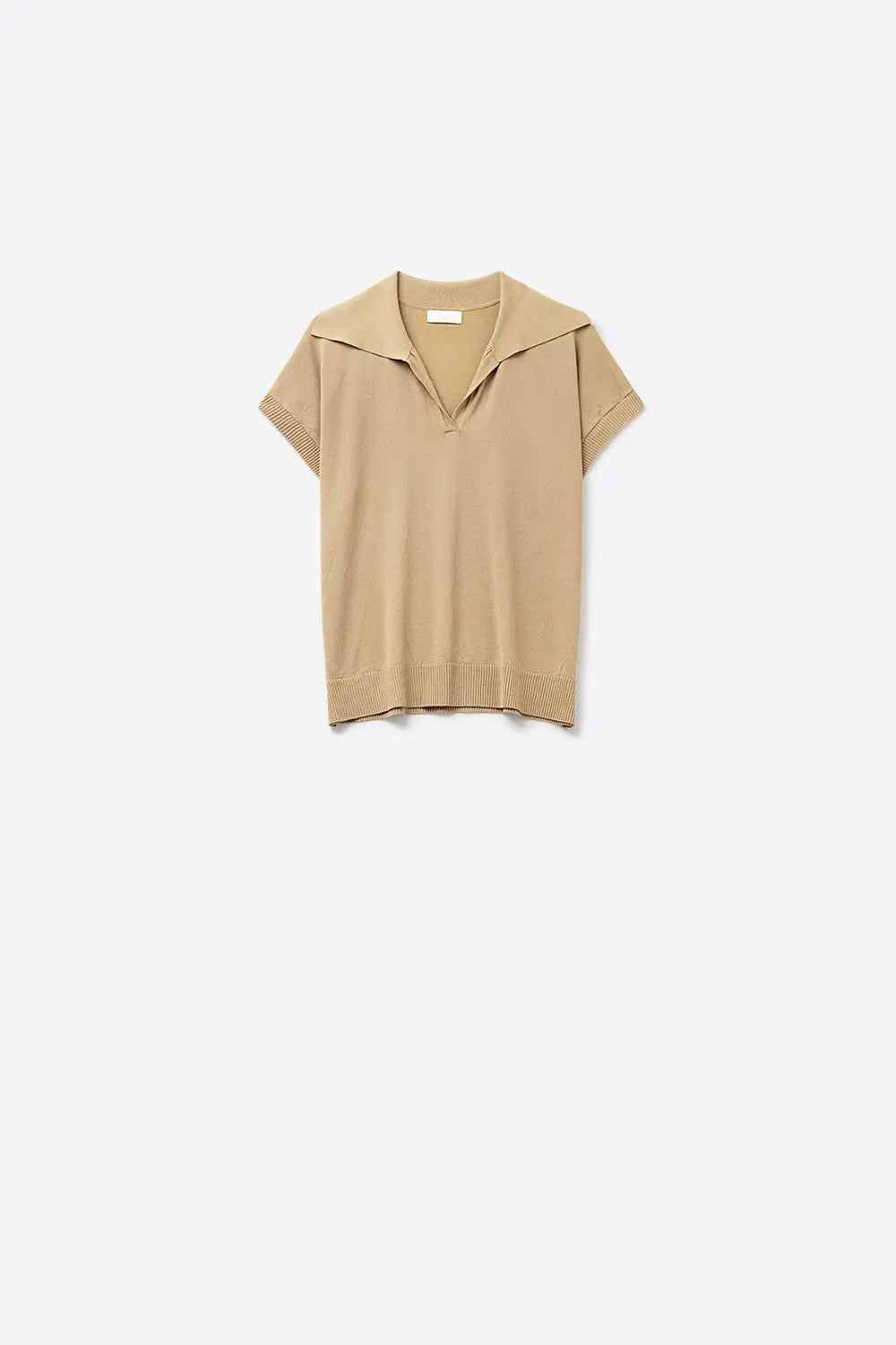 Fine Knit Polo-Style Short Sleeve Top in Camel - CAMEL / ONE - Polos