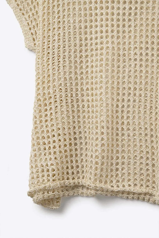 Open Knit Crochet dropped Sleeved Top in Beige - BEIGE / ONE - Sweaters