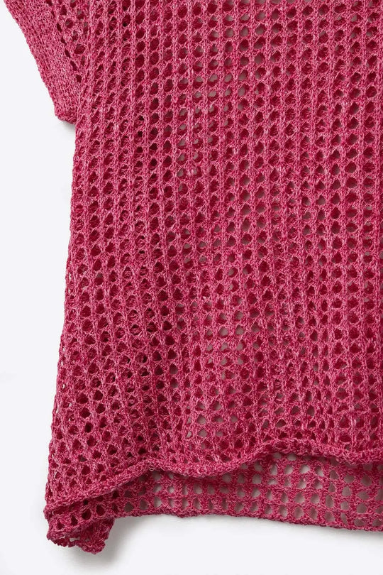 Open Knit Crochet dropped Sleeved Top in Fuschia - FUCHSIA / ONE - Sweaters