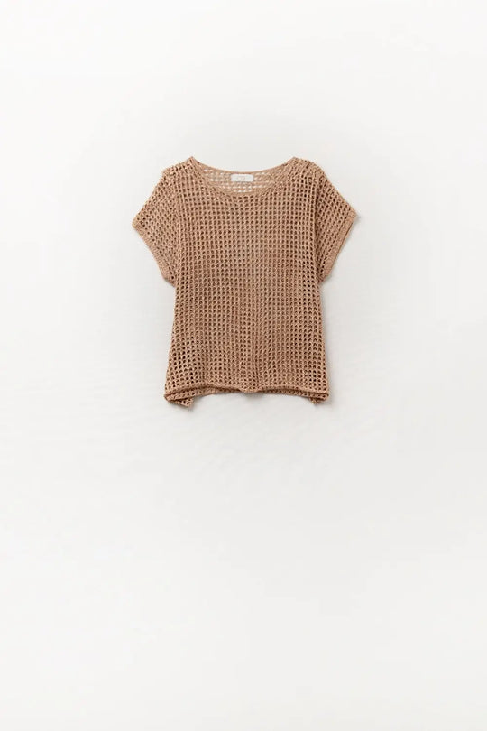 Open Knit Crochet dropped Sleeved Top in Camel - CAMEL / ONE - Sweaters