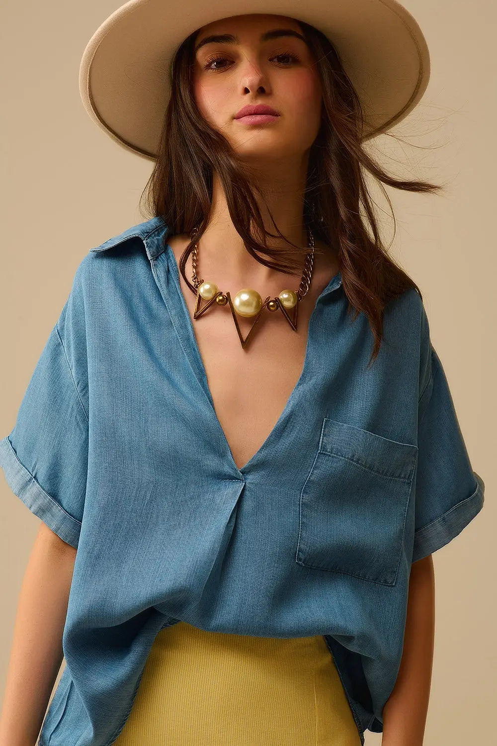 Short Sleeve Tencel Shirt With Chest Pocket in Blue - Shirts Tops
