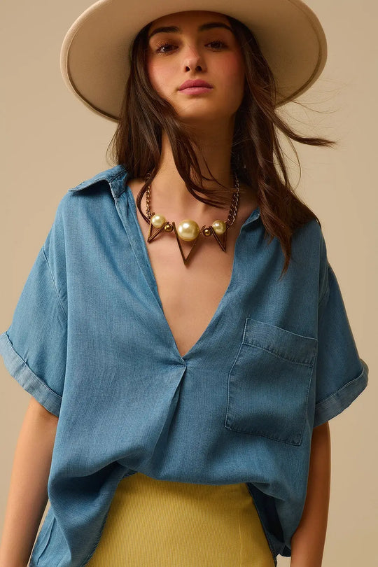 Short Sleeve Tencel Shirt With Chest Pocket in Blue - Shirts Tops