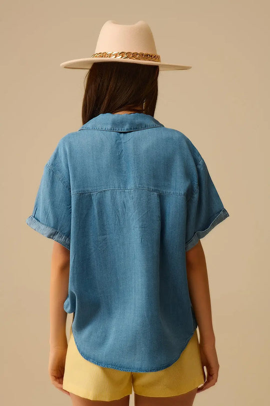 Short Sleeve Tencel Shirt With Chest Pocket in Blue - Shirts Tops