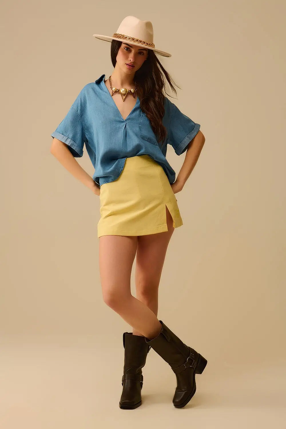 Short Sleeve Tencel Shirt With Chest Pocket in Blue - Shirts Tops