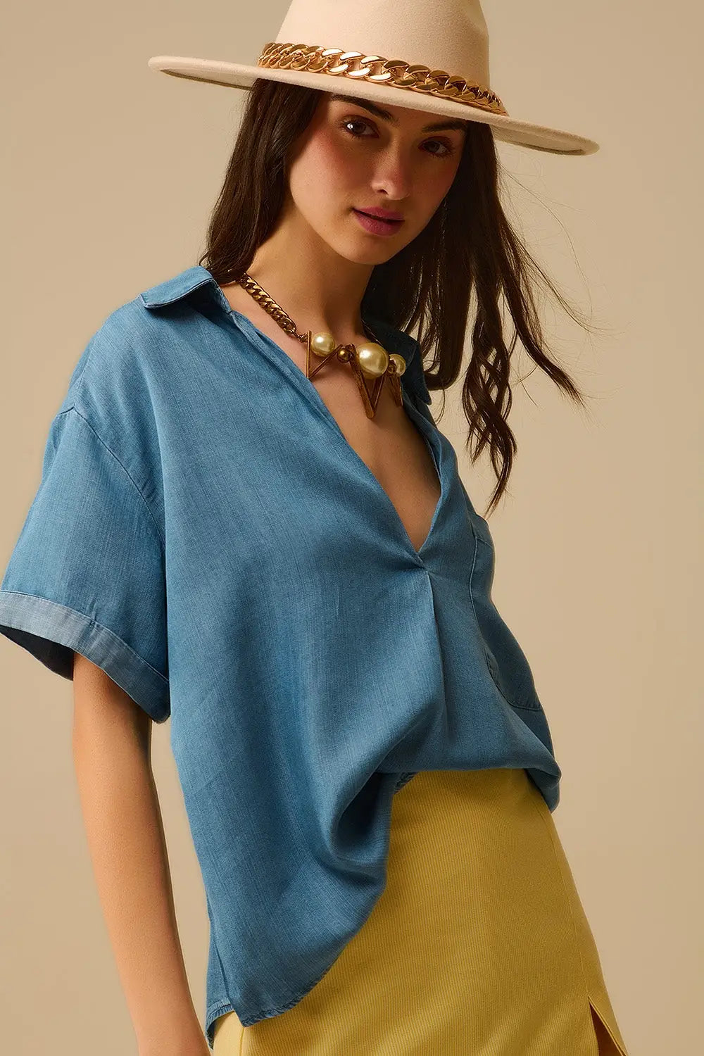 Short Sleeve Tencel Shirt With Chest Pocket in Blue - Shirts Tops