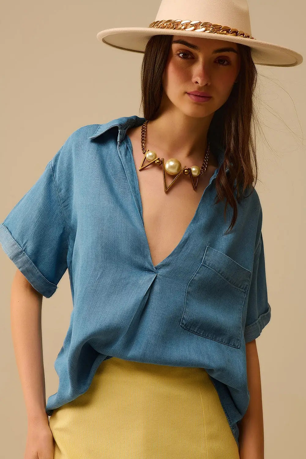 Short Sleeve Tencel Shirt With Chest Pocket in Blue - Shirts Tops