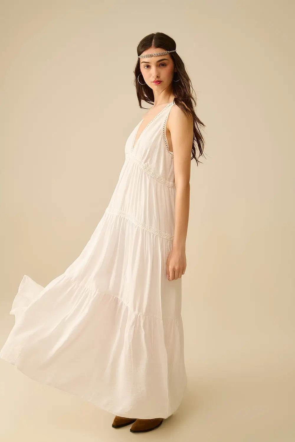 White Maxi Dress With Lace Details and boho style - Dresses