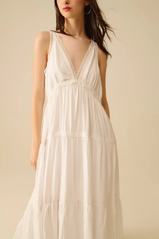 White Maxi Dress With Lace Details and boho style - Dresses