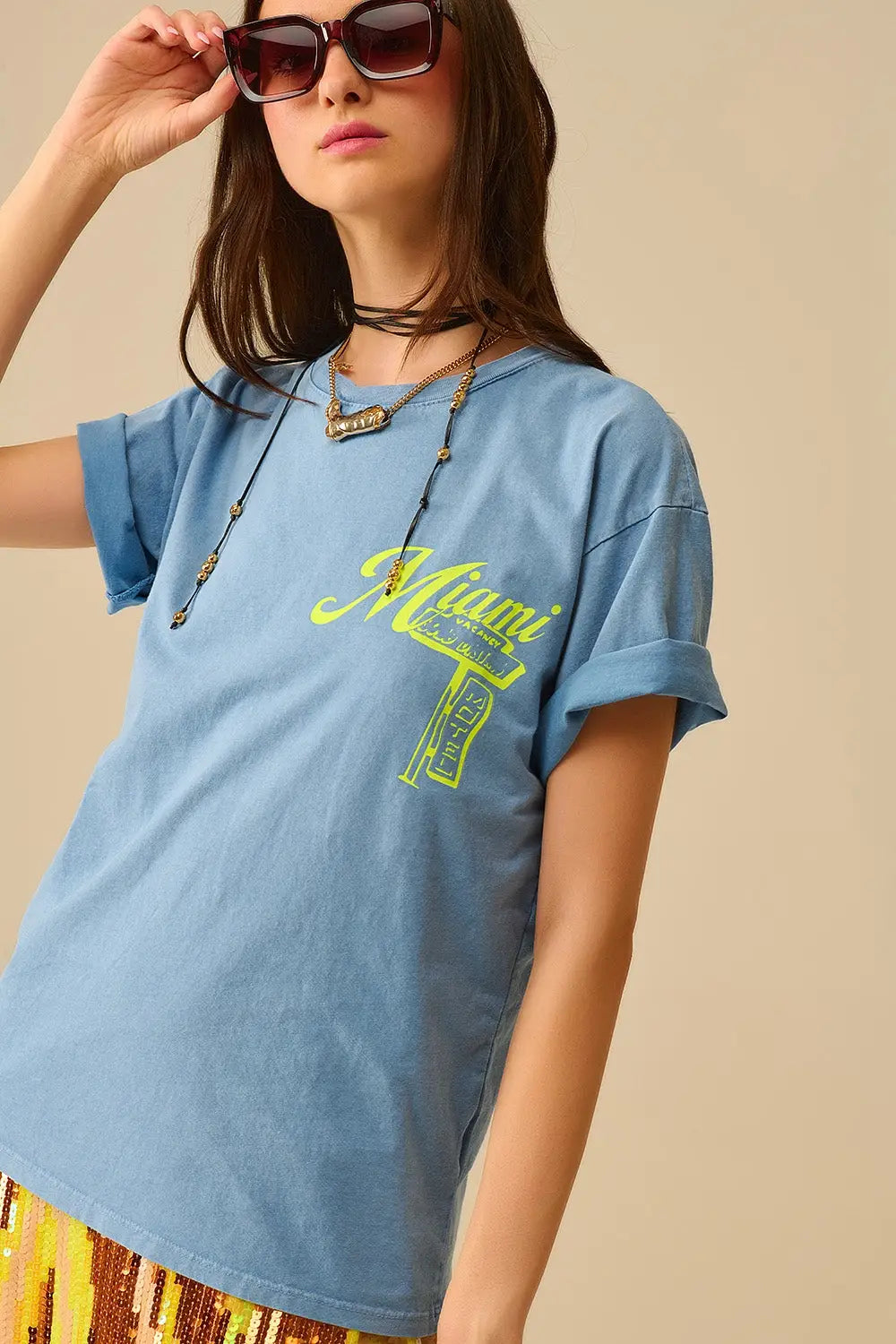 blue T-shirt with Miami logo print in yellow - BLUE / ONE - T-Shirts