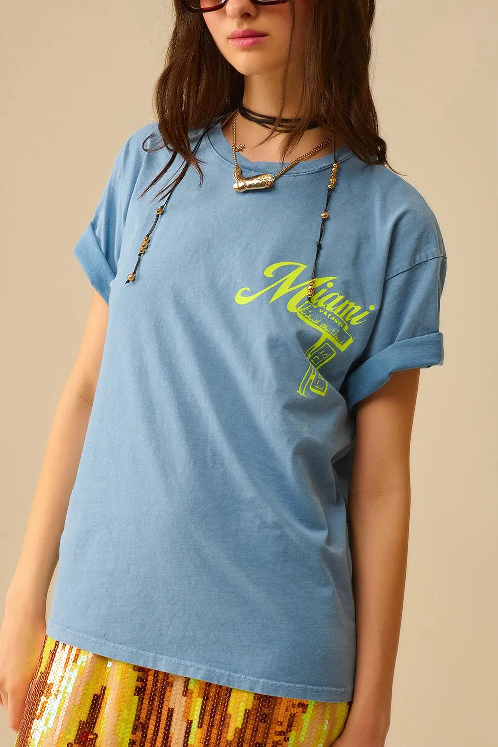 blue T-shirt with Miami logo print in yellow - BLUE / ONE - T-Shirts