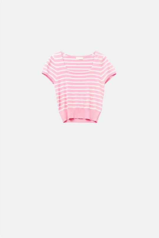 Square neck Stripped Sweater in Pink and White - PINK / ONE - Sweaters