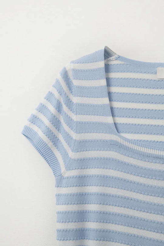 Square neck Stripped Sweater in baby blue and White - BLUE / ONE - Sweaters