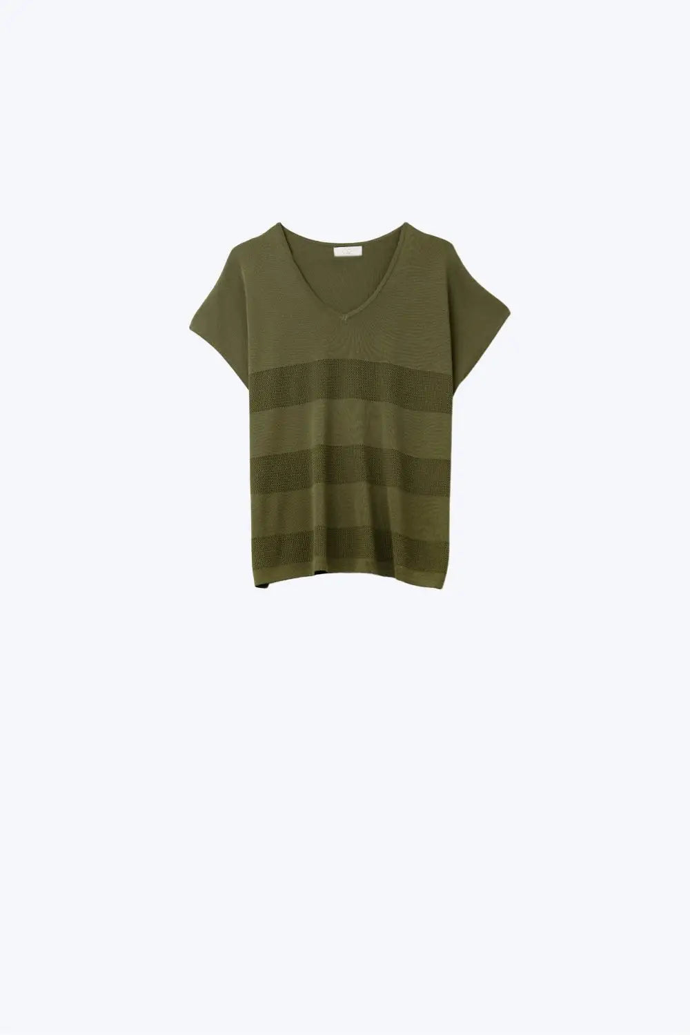 Khaki V-neck knit sweater with open stitch detail - KHAKI / ONE - Sweaters