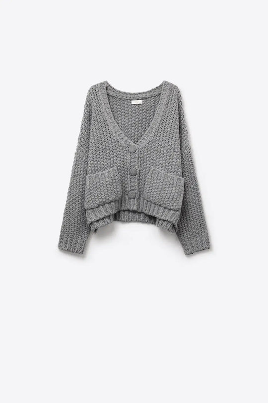 Oversized gray chunky knit jacket with pockets - GRAY / ONE - Jackets Cardigans
