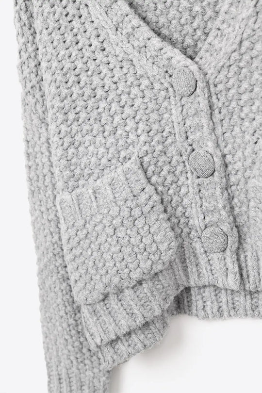 Oversized gray chunky knit jacket with pockets - GRAY / ONE - Jackets Cardigans