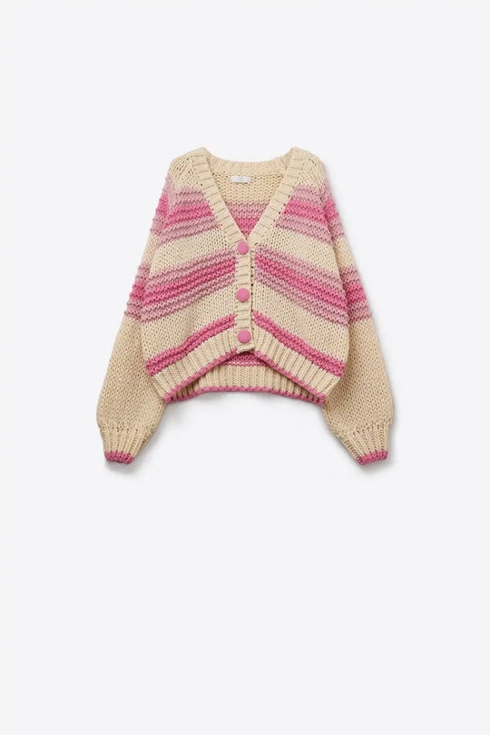 V-neck Chunky Knit Cardigan in stripes of Pink and cream - PINK / ONE - Cardigans