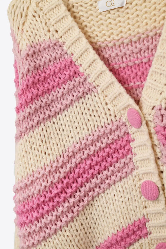 V-neck Chunky Knit Cardigan in stripes of Pink and cream - PINK / ONE - Cardigans