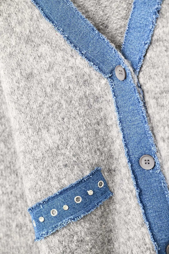 gray cardigan with denim fabric details - GRAY / ONE - Cardigans
