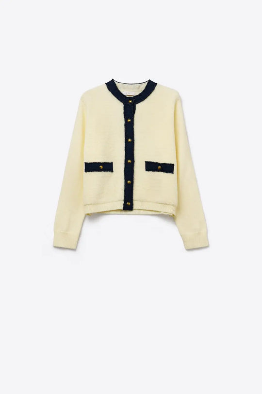 Chic Cream Cardigan with Navy denim Detailing - CREAM / ONE - Cardigans