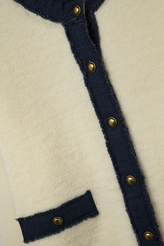 Chic Cream Cardigan with Navy denim Detailing - CREAM / ONE - Cardigans