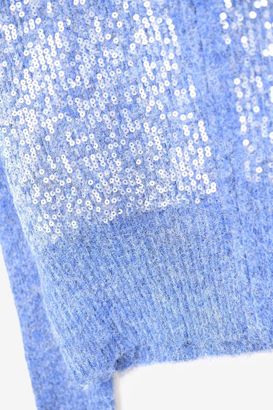 Blue fluffy knit cardigan with sequins and zipper closure - BLUE / ONE - Cardigans