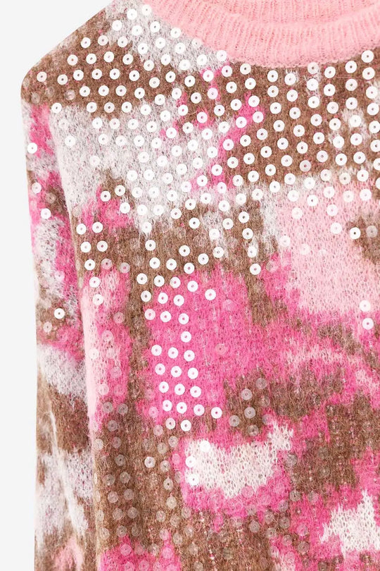 Pink Animal Print Sweater With Sequins - PINK / ONE - Sweaters