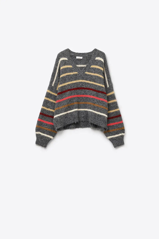 Grey Oversized Multicolor Stripe Sweater - GRAY / ONE - Sweaters