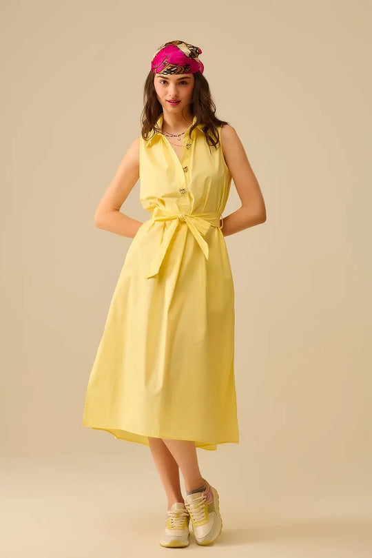 Yellow poplin midi dress with silver heart-shaped buttons - Dresses