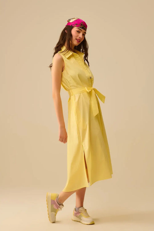 Yellow poplin midi dress with silver heart-shaped buttons - Dresses