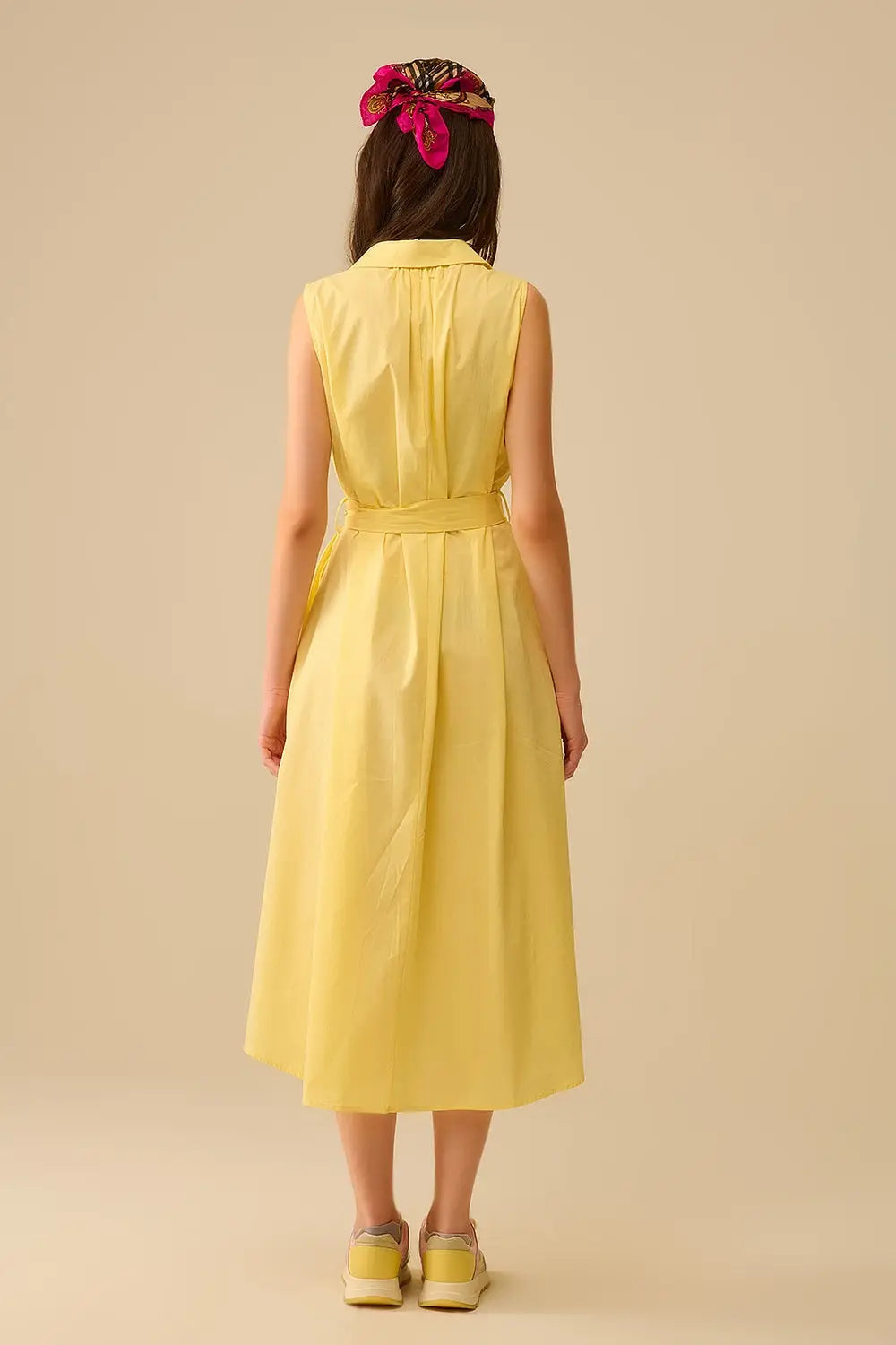 Yellow poplin midi dress with silver heart-shaped buttons - Dresses