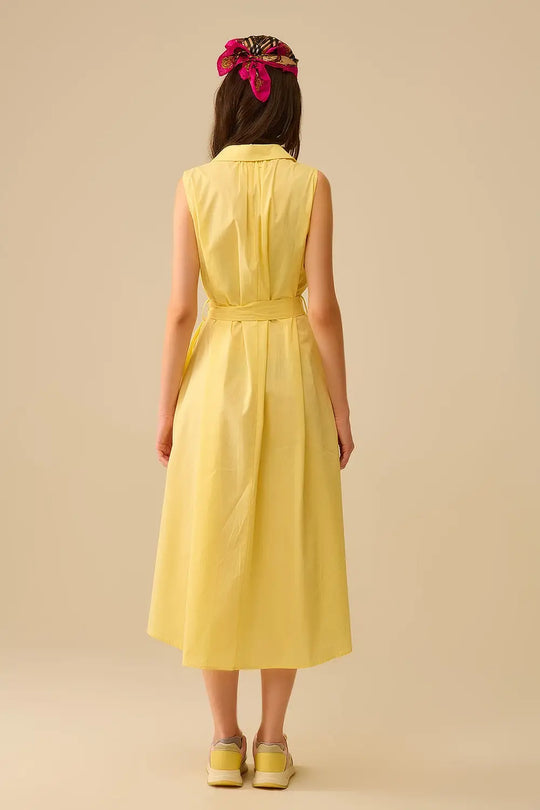 Yellow poplin midi dress with silver heart-shaped buttons - Dresses