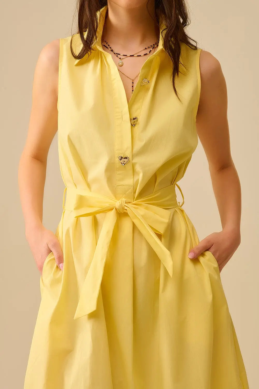 Yellow poplin midi dress with silver heart-shaped buttons - Dresses