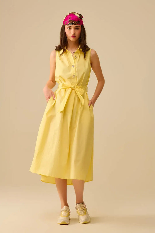 Yellow poplin midi dress with silver heart-shaped buttons - Dresses