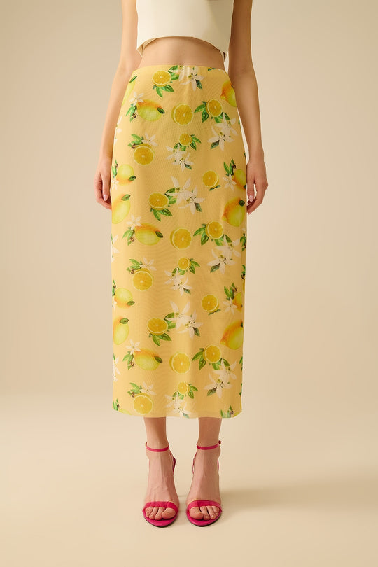 Yellow Fitted midi skirt with lemon print in mesh fabric