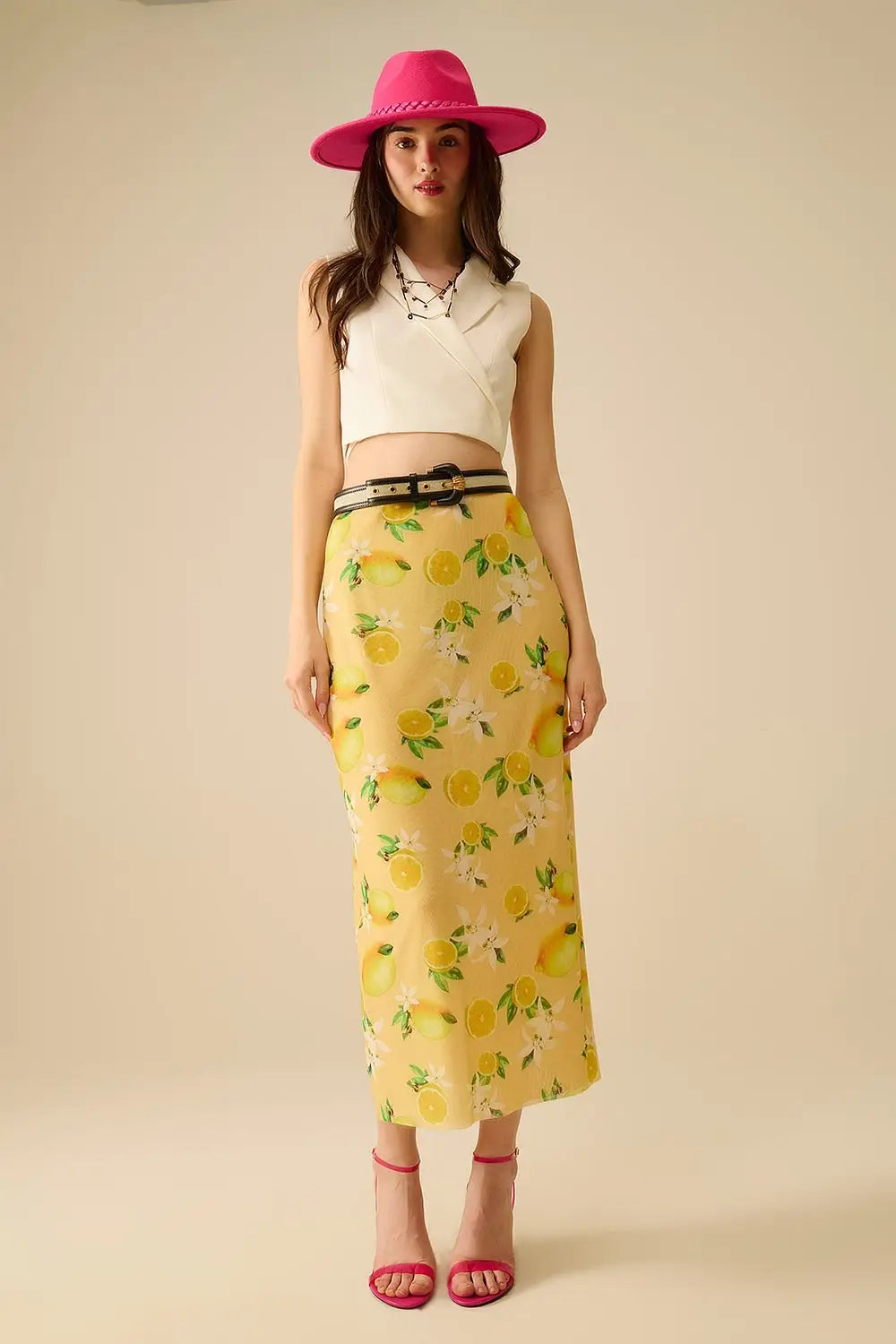 Yellow Fitted midi skirt with lemon print in mesh fabric - Skirts