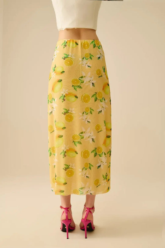 Yellow Fitted midi skirt with lemon print in mesh fabric - Skirts