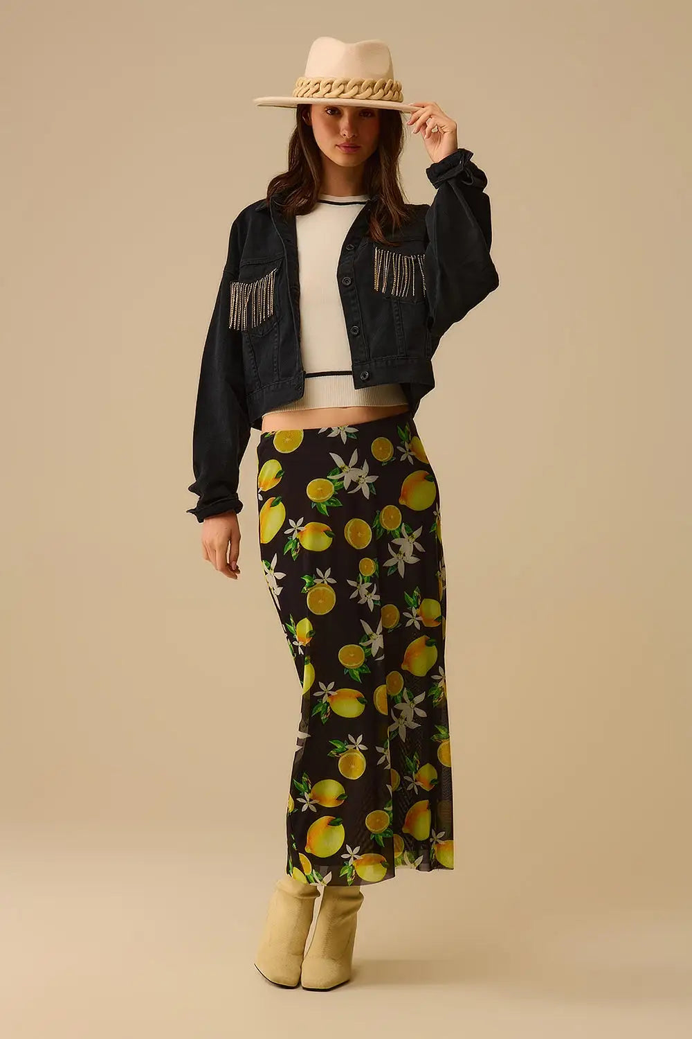 Black Fitted midi skirt with lemon print in mesh fabric - Skirts