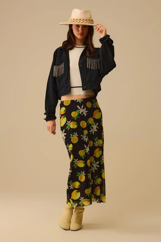 Black Fitted midi skirt with lemon print in mesh fabric - Skirts