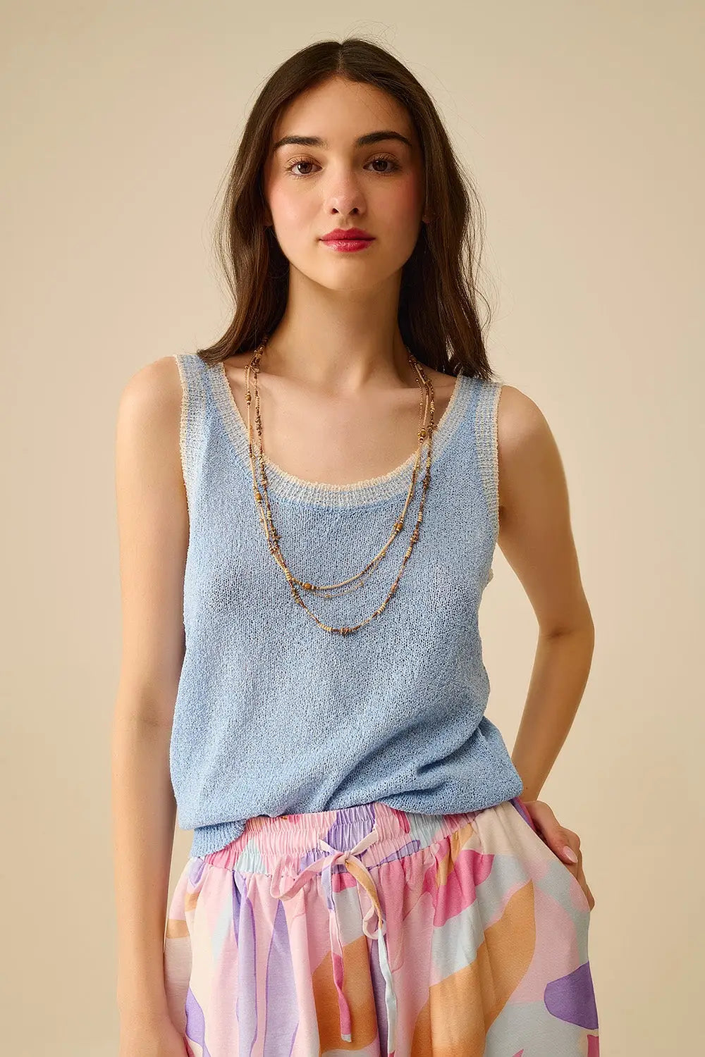 Light Blue Knit Tank Top with White Trim - BLUE / ONE - Tops