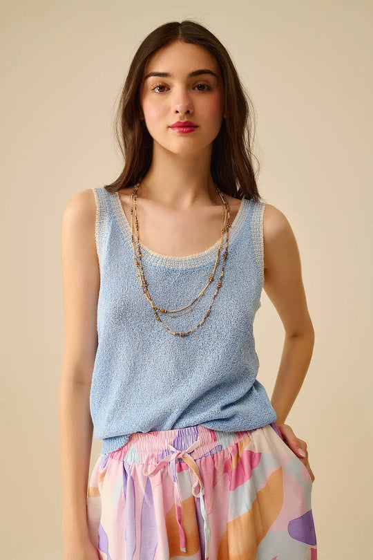 Light Blue Knit Tank Top with White Trim - BLUE / ONE - Tops