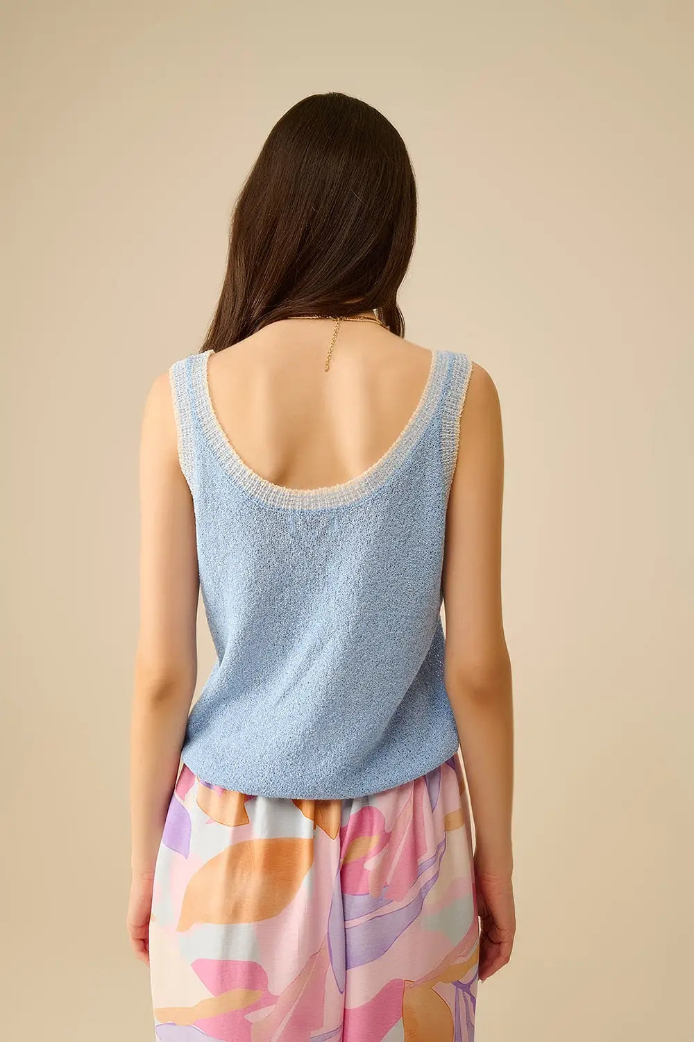 Light Blue Knit Tank Top with White Trim - BLUE / ONE - Tops