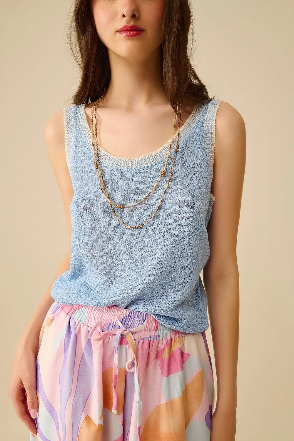 Light Blue Knit Tank Top with White Trim - BLUE / ONE - Tops