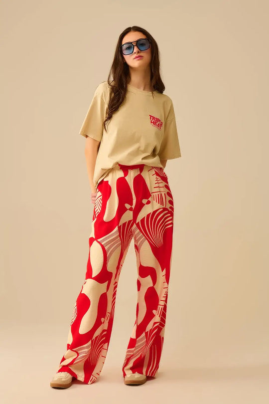 Red abstract print wide-leg trousers - Pants
