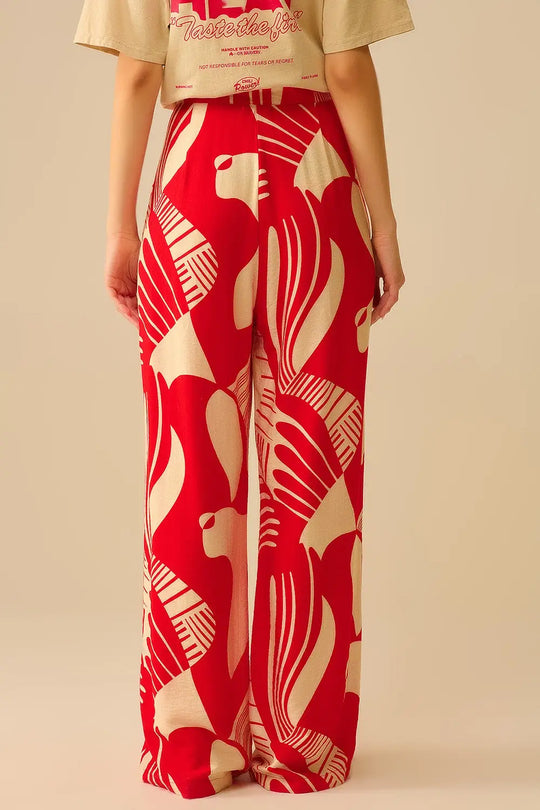 Red abstract print wide-leg trousers - Pants