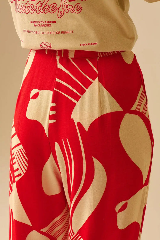 Red abstract print wide-leg trousers - Pants